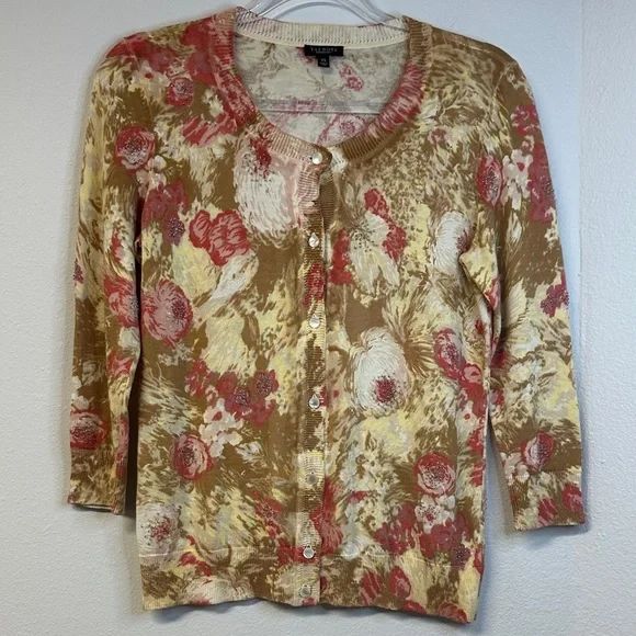 Talbots Women's Floral Beaded Cotton 3/4 Sleeve Button Up Cardigan XS - Picture 1 of 6